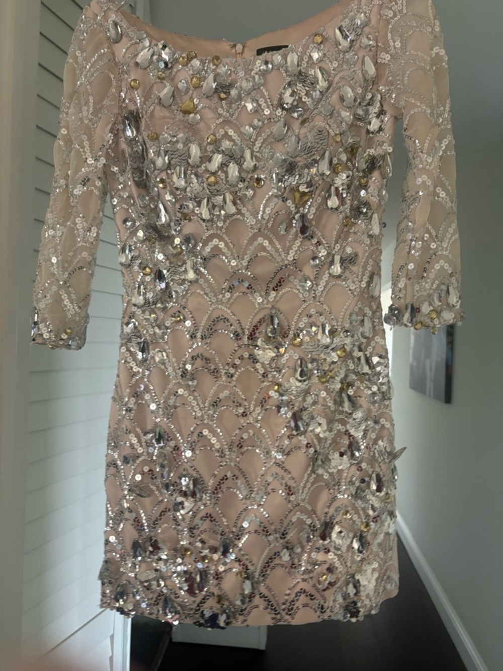Musani Gold Couture Embellished Nude/Pink Sequin Cocktail Dress, size 2